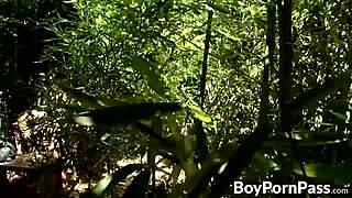 Two horny twinks bent over for hardcore anal fucking outdoors.