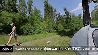 A beautiful blonde has a secret outdoor sex in a park.
