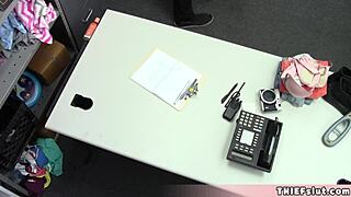 The redhead teen shoplifter with a cute tattoo gets caught by the mall cop in a rough encounter