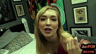 In this POV, a skinny amateur babe engages in oral and handjob close-ups with dirty talk