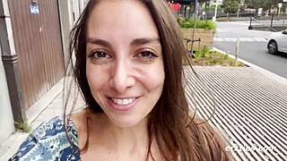 First time naughty exhibitionist Ana's big tits and round ass in public