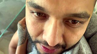 Tattooed girl shows her pearl thong panties and he fucks her tight wet pussy from pov.