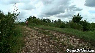 That petite teen fucks an old cock right after an outdoor blowjob, riding him cowgirl style.