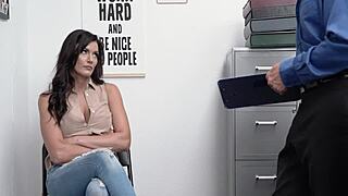 Hot brunette becky bandini caught in the act of shoplifting and stripped by the store owner.