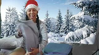 Boldly adorning shaved pussy with christmas beads