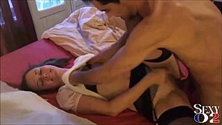 Amateur French slut in black and white thong slams doggy style with intense POV blowjob and ass licking in pink cotton dress.