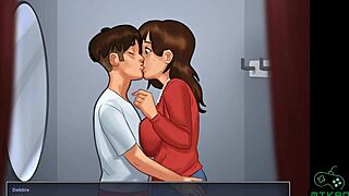 Summertime Saga episode 14: The first kiss with Debbie and Diane in the milk stand scene.