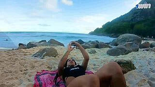 latina teen gives first blowjob of the year on the beach after exposing pussy to stranger