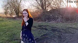 Redhead teen 18+ strips naked outdoors for her first daring moment