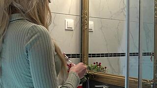 Hot new sexy blonde wife CHANGES PANTIES in the bathroom, big ass bent over