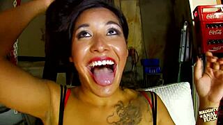 in the garage, this brunette babe bent over for ass drilling and fingering, then got her tits sucked before a blowjob that made him cum in her wet mouth