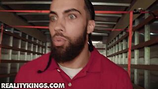 Yo, James Angel scopes out big tit blonde Tiffani Madison on a moving gig!