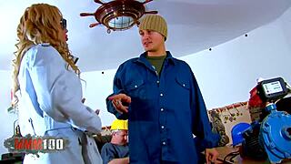 Hot blonde milf gets rough double penetration from two workers in full HD group action