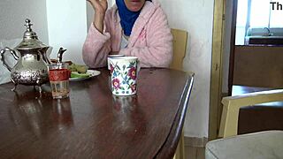 Amateur Arab beauty gets facial from stepson while he pleases himself.