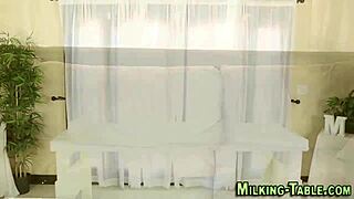 A slut on a milking table sucks and gives a great massage.