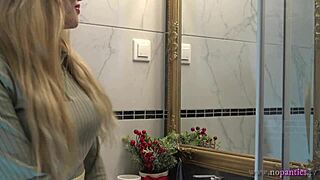 Hot new sexy blonde wife CHANGES PANTIES in the bathroom, big ass bent over