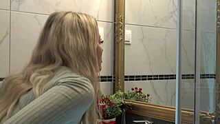Hot new sexy blonde wife CHANGES PANTIES in the bathroom, big ass bent over