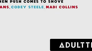 College cuties Myra Moans and Madi Collins dive into first rough threesome