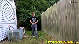 A group of young and straight guys urinate while they pleasure themselves.