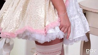 Cosplay milf brigitte fingers her shaved pussy in cute costume