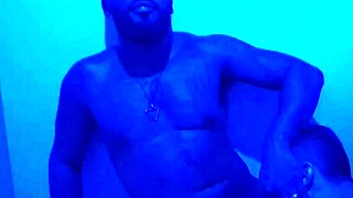 Soldier fucking black guy in sauna.