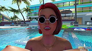 blonde shemale fucks a horny redhead in the pool