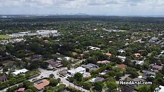 Busty girlfriend in orange outfit takes hard ass fucking