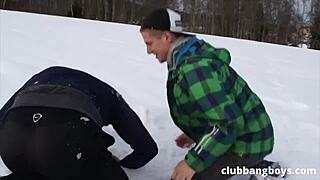 Three young gay snowboarders engage in some hot anal action off the slopes.