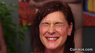 Centerfold receives facial and eats it.