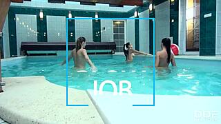 three classy bombshells devour one cock by the pool