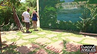 Her Interracial Lover Teases Shaved Twat Before Rear Banging.