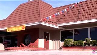 a blonde enters a bdsm mansion and sucks dicks through a glory hole