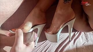 Stepmother with a beautiful body seduces her stepson on the bed.