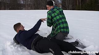 Three young gay snowboarders engage in some hot anal action off the slopes.