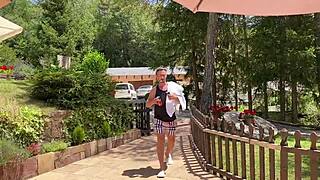 Blowjob on balcony before intense outdoor sex near pool