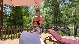 Blowjob on balcony before intense outdoor sex near pool