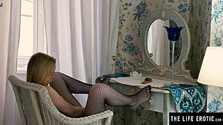 Horny blonde rides huge black dildo doggy style