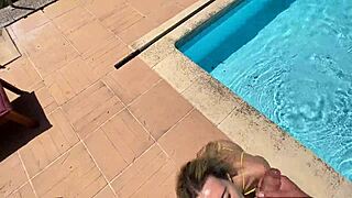 Blowjob on balcony before intense outdoor sex near pool