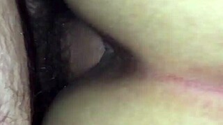 She's bent over, big pussy lips spread for deep assfucking in doggystyle.