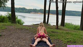 Naked Blonde Rides Hard in Public Cumshot