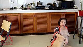 Housewife in Pantyhose Strips in Kitchen as Naked Maid, Orgasms While Cooking