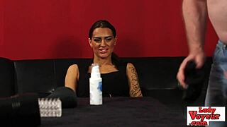 Femdom babe gives jerk off instructions to loser while watching.