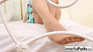 samantha showing off her foot and stocking fetish in solo nude play