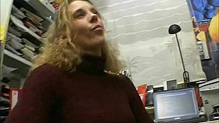 lonely in the office, a blonde teen with small tits experiences solitude.