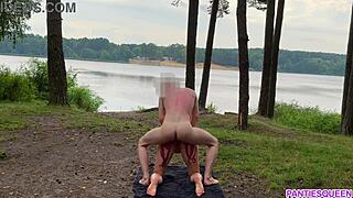 Naked Blonde Rides Hard in Public Cumshot