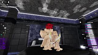 A blonde woman with great big boobs has rough sex with a man who has characteristics of a cat