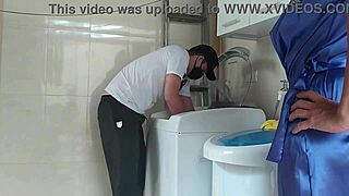 Wife flashes technician in see-through robe, leading to creampie.