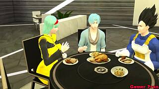 Bulma cheats on her husband at the wedding, getting pounded hard by her stepson while he watches.