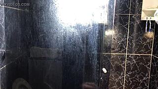 young guy with friend's aunt in bathroom