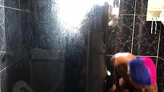 young guy with friend's aunt in bathroom